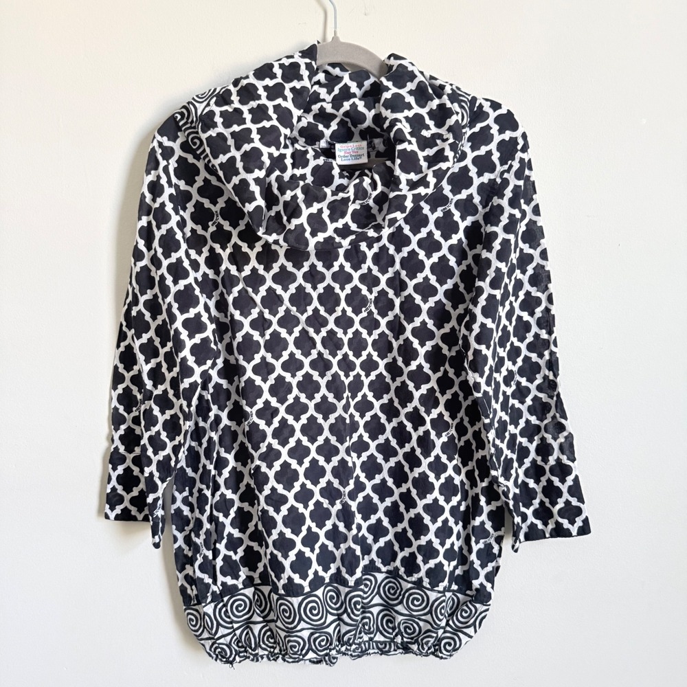 Gretchen Scott Black White Quatrefoil Cotton Cowl Neck Tunic Bubble Hem Top L